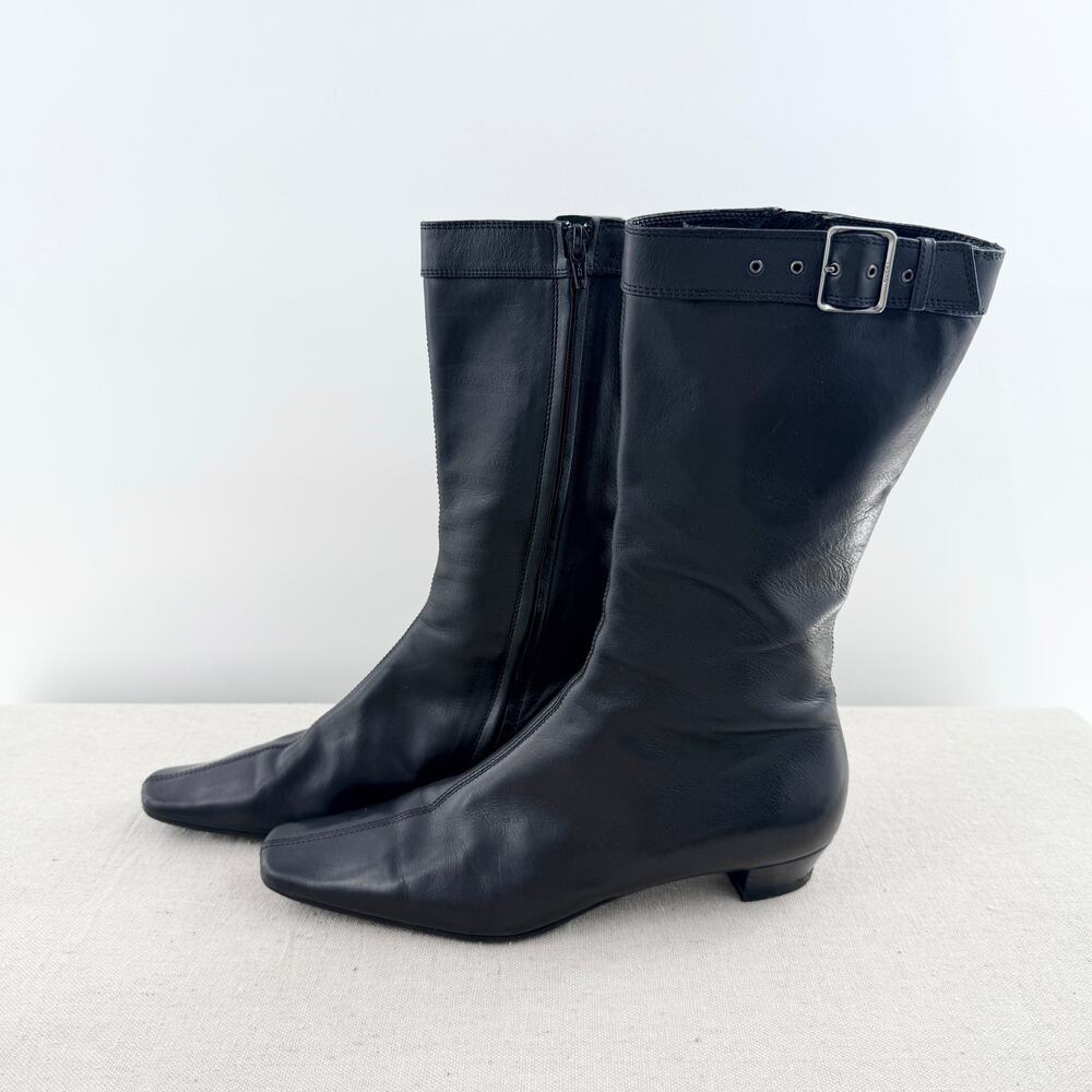 Gucci Leather Pull On Low Heel Mid-Calf Boots with Buckle Black Women's Size 9B